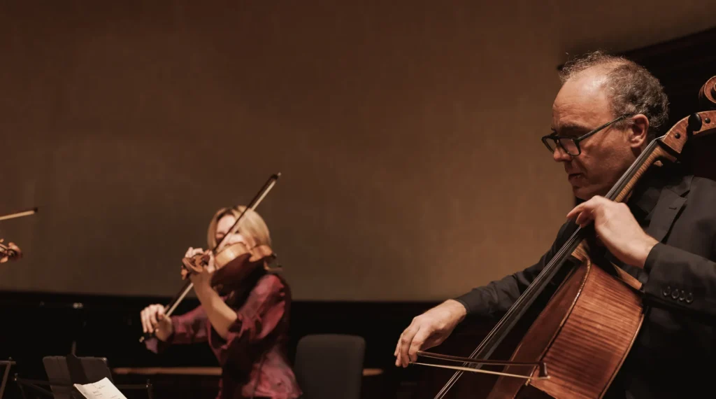 Benjamin Nabarro on violin, Simon Crawford-Philips on piano and Adrian Brendel on cello performing with The Nash Ensemble