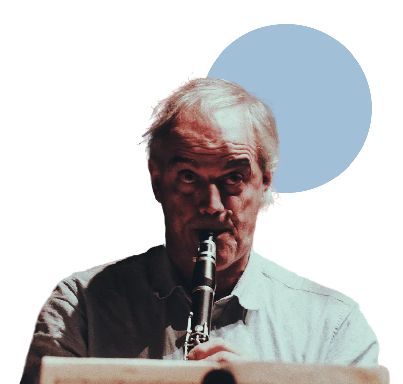 Flutist playing with blue circle behind him