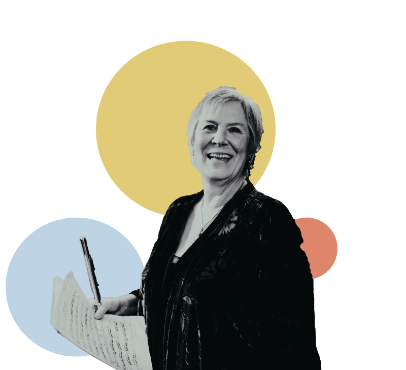 Philippa Davies cut out with coloured circles behind her