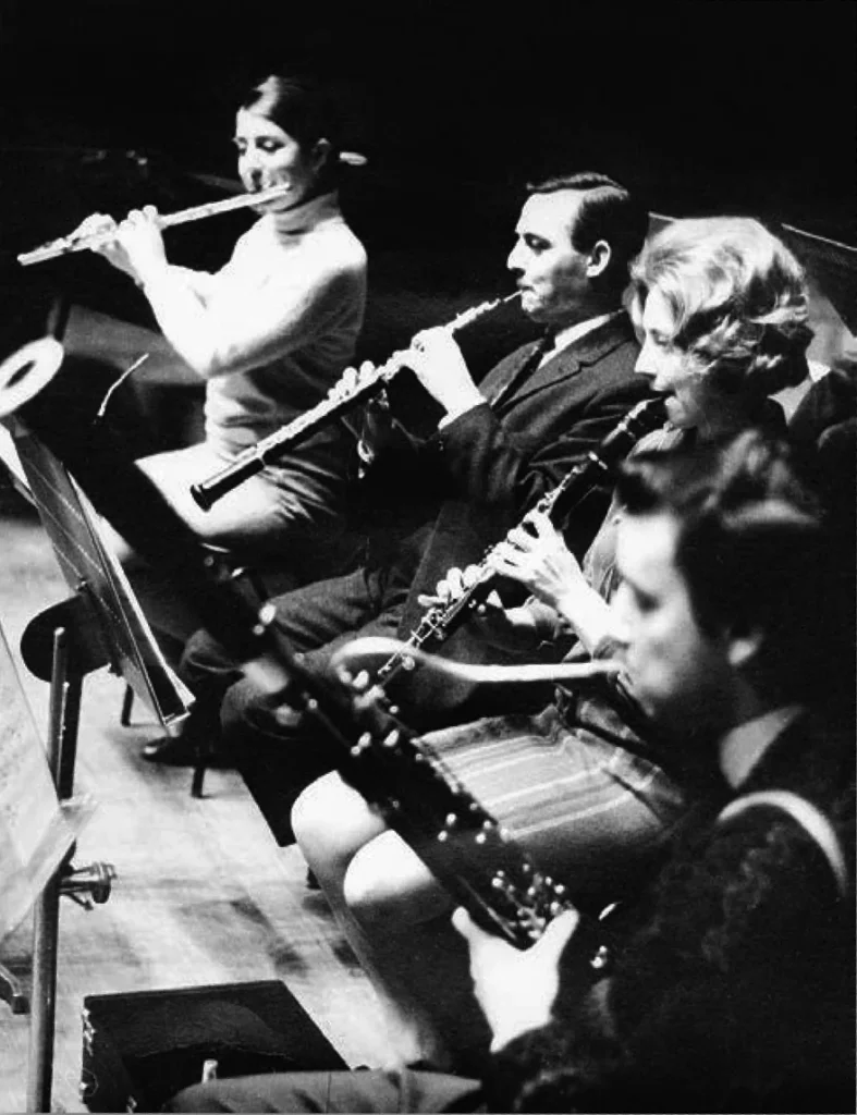 Nash Ensemble musicians performing together in a black-and-white archival photograph.